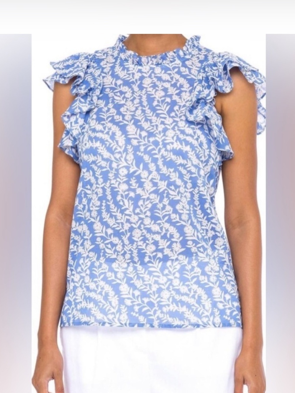 Banjanan Klara Floral Ruffle Blue White Floral Cotton Blouse Small